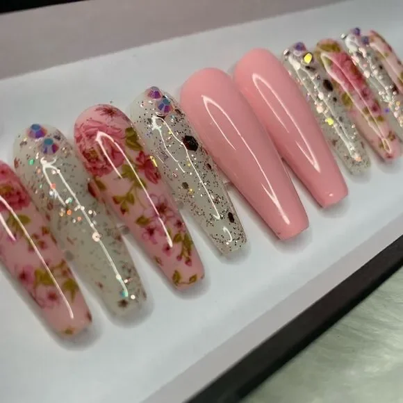 Pink Flower Custom Press On Nails | High Quality Nails | Handmade - Picture 3 of 13